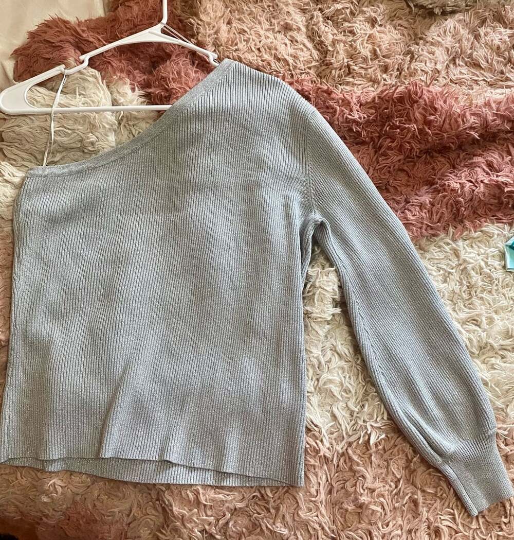 Greige Metallic Ribbed One-Shoulder Long Sleeve Sweater Top XL Silver